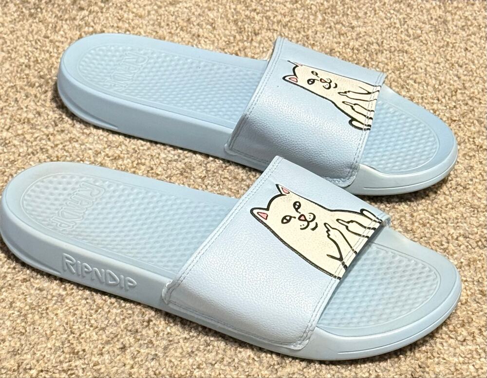 RIPNDIP Lord Nermal Light Blue Slide Sandals Men’s Size 10 Cat Flip Off